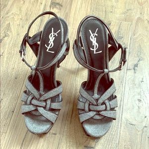 YSL gray flannel tribute sandals